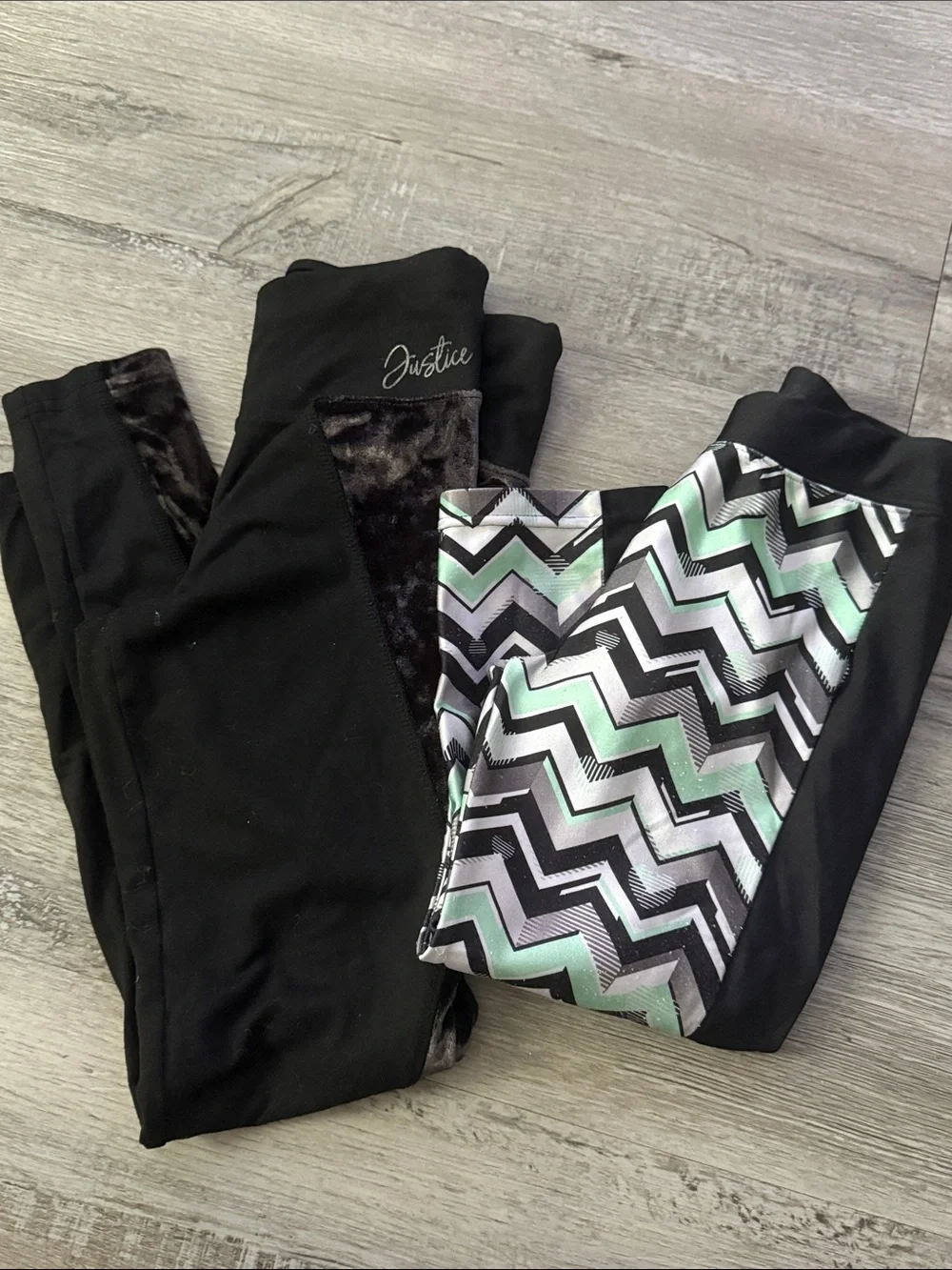 Justice Black Leggings with Mint Chevron Side Panels